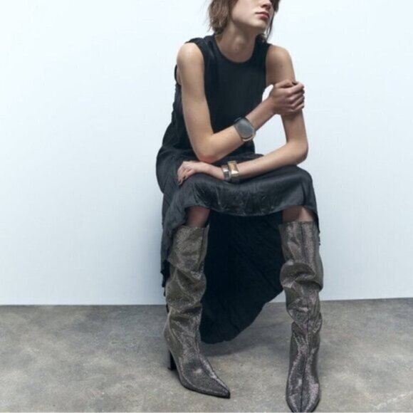 Zara - Women's Rhinestone Sparkly Tall Heeled Boots -Silver/Black. Size:10 (US). - Picture 15 of 16
